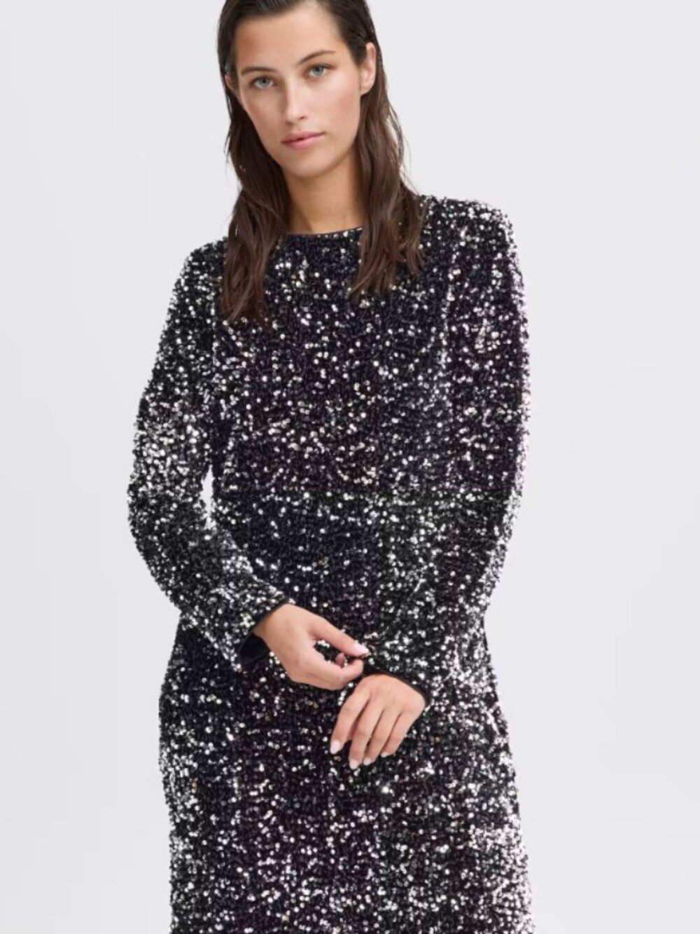 NWT b.young BYPAILLET Silver Sequin Mix Crew Neck Shift Dress - Size Large